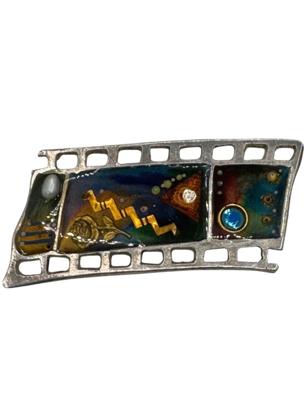 Vintage Yossi Steinberg Israel Abstract Pin Brooch Movie Reel Film Strip Enamel